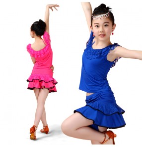 Royal blue fuchsia hot pink black light blue turquoise lace patchwork one shoulder ruffles neck girls children performance latin dance dresses sets